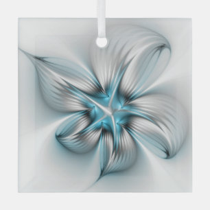 Floral Elegance Modern Abstract Blue Fractal Art Glass Tree Decoration