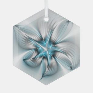 Floral Elegance Modern Abstract Blue Fractal Art Glass Tree Decoration