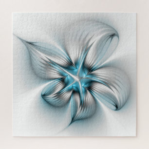Floral Elegance Modern Abstract Blue Fractal Art Jigsaw Puzzle