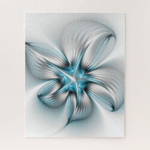 Floral Elegance Modern Abstract Blue Fractal Art Jigsaw Puzzle