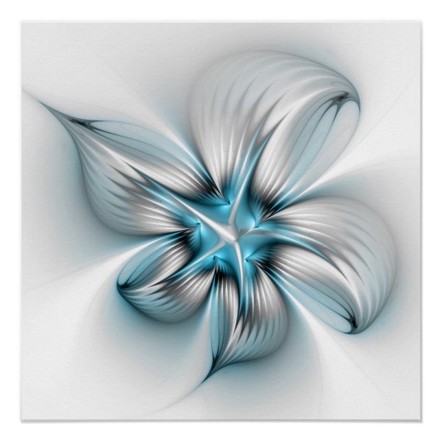 Floral Elegance Modern Abstract Blue Fractal Art Poster (Front)