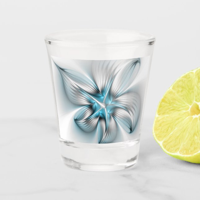 Floral Elegance Modern Abstract Blue Fractal Art Shot Glass (Front)