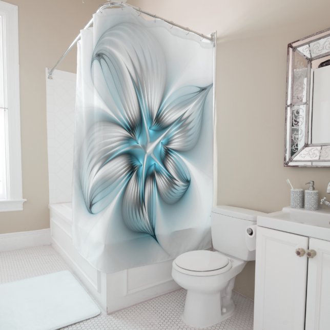 Floral Elegance Modern Abstract Blue Fractal Art Shower Curtain (In Situ)