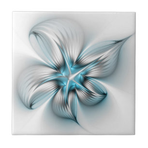 Floral Elegance Modern Abstract Blue Fractal Art Tile