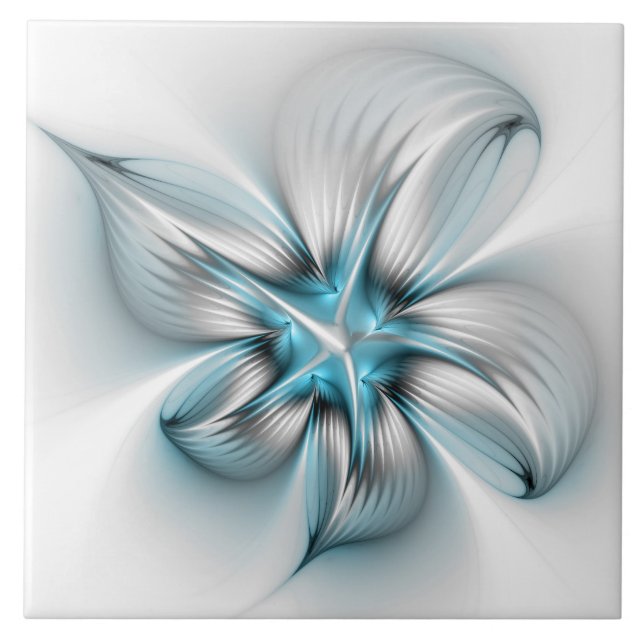 Floral Elegance Modern Abstract Blue Fractal Art Tile (Front)