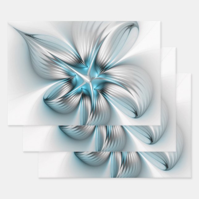 Floral Elegance Modern Abstract Blue Fractal Art Wrapping Paper Sheet (Set)