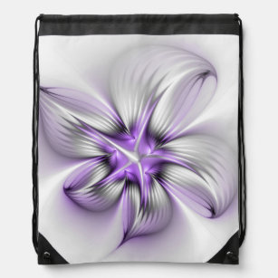 Floral Elegance Modern Abstract Violet Fractal Art Drawstring Bag