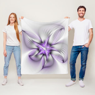 Floral Elegance Modern Abstract Violet Fractal Art Fleece Blanket