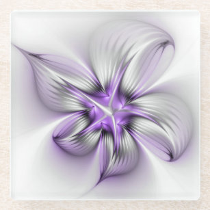 Floral Elegance Modern Abstract Violet Fractal Art Glass Coaster