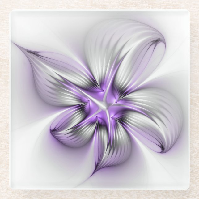 Floral Elegance Modern Abstract Violet Fractal Art Glass Coaster (Front)