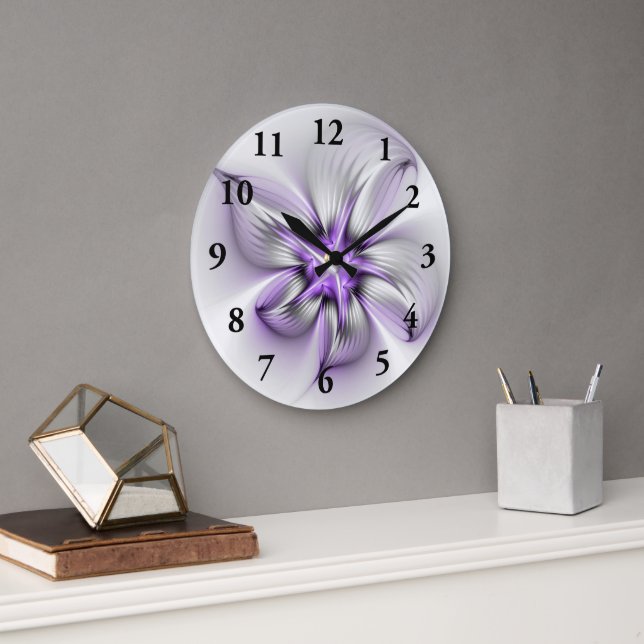 Floral Elegance Modern Abstract Violet Fractal Art Large Clock (Office)