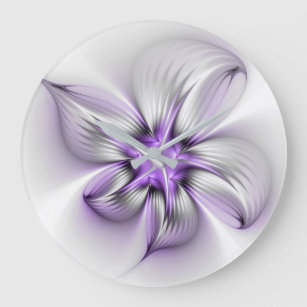 Floral Elegance Modern Abstract Violet Fractal Art Large Clock
