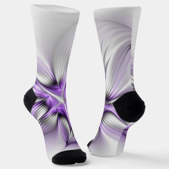 Floral Elegance Modern Abstract Violet Fractal Art Socks (Angled)