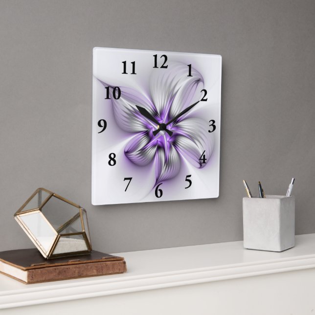 Floral Elegance Modern Abstract Violet Fractal Art Square Wall Clock (Office)