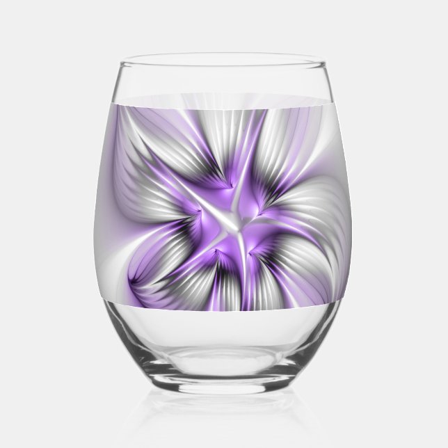 Floral Elegance Modern Abstract Violet Fractal Art Stemless Wine Glass (Front)