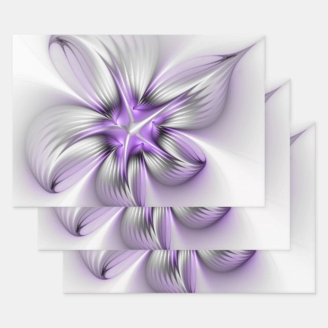 Floral Elegance Modern Abstract Violet Fractal Art Wrapping Paper Sheet (Set)