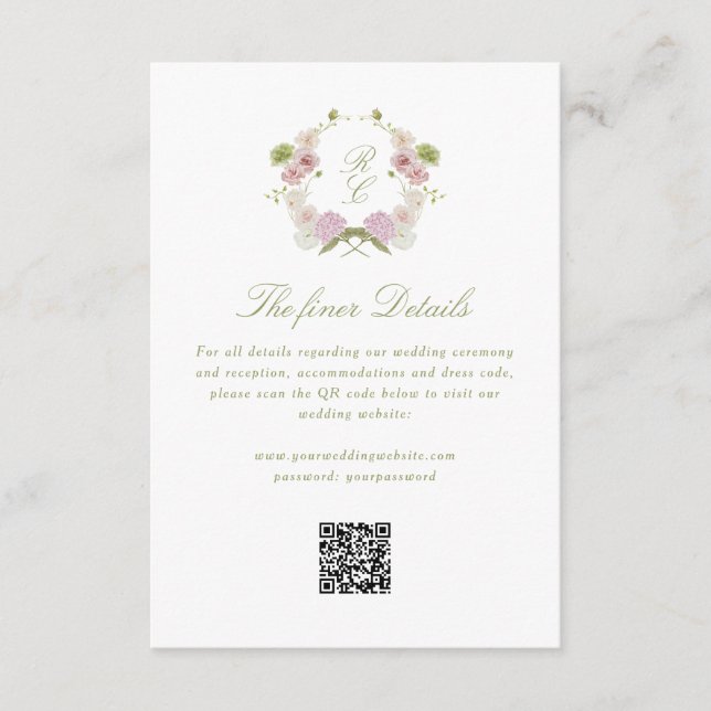 Floral Elegance Monogram Crest Wedding Details Enclosure Card (Front)