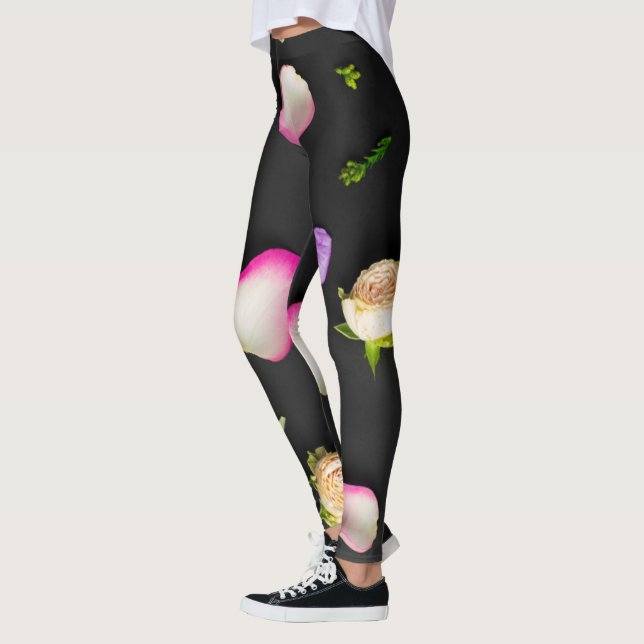  "Floral Elegance on Black" Leggings (Left)
