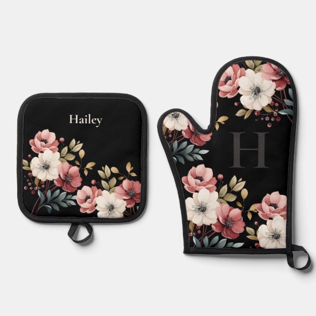 Floral Elegance Personalised Oven Mitt & Pot Holder Set (Front)