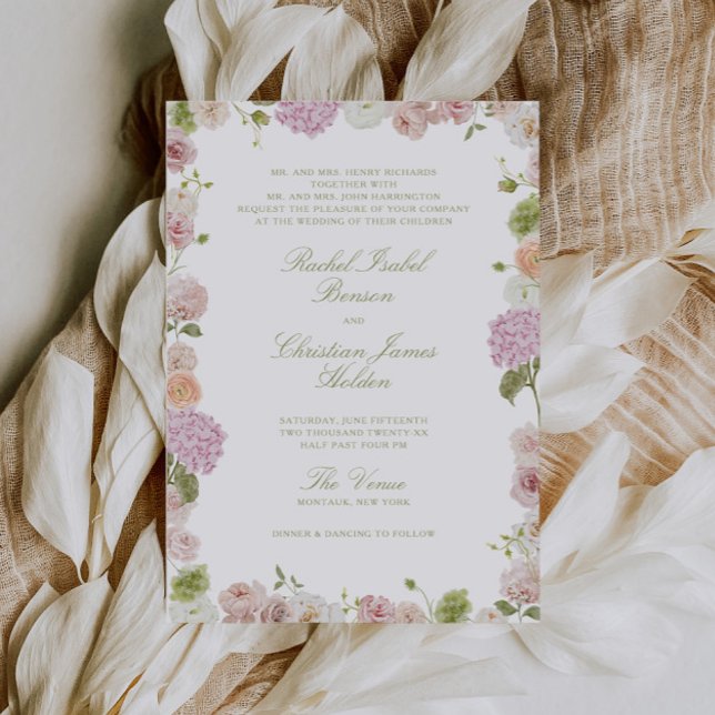 Floral Elegance Pink Green Frame Wedding Invitation (Creator Uploaded)