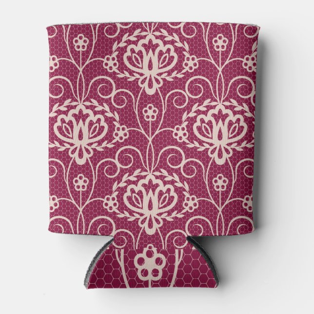 Floral Elegance: Red Lace Pattern Can Cooler (Front)