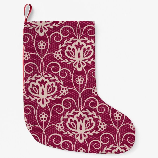 Floral Elegance: Red Lace Pattern Small Christmas Stocking (Front)