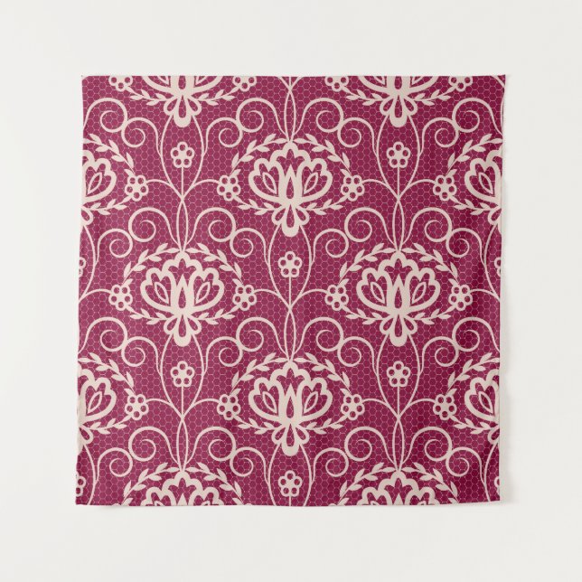 Floral Elegance: Red Lace Pattern Tapestry (Front)