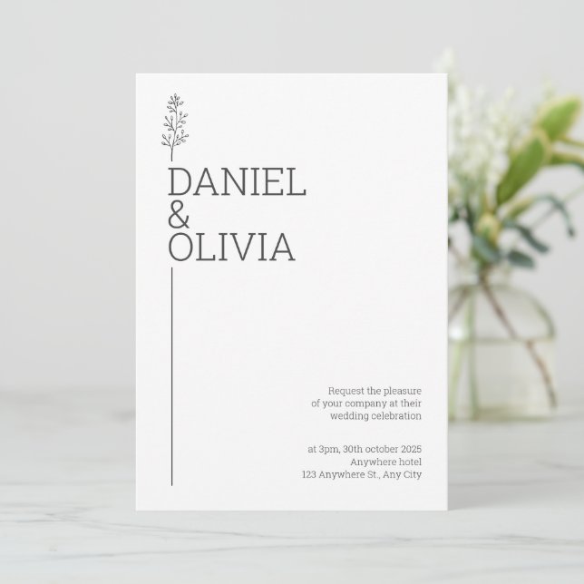 Floral Elegance: White and Black Minimalist Weddin Invitation (Standing Front)
