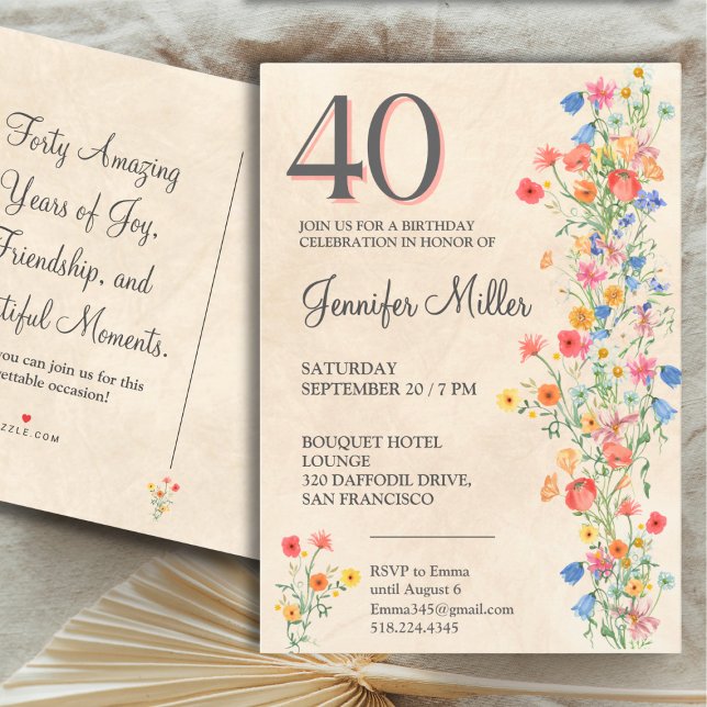 Floral Elegant 40th Birthday, Wildflowers 40 Years Invitation Postcard (Creator Uploaded)