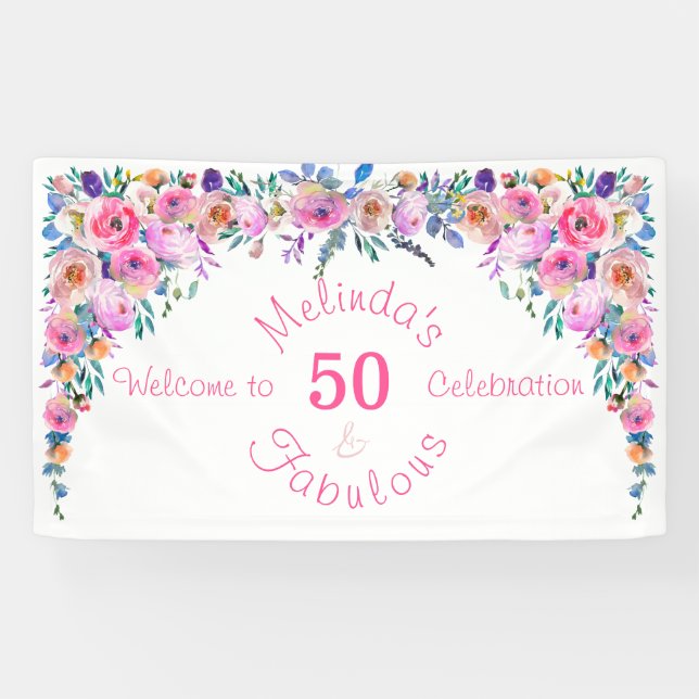 Floral Elegant 50 and Fabulous Birthday Banner (Horizontal)