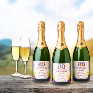 Floral elegant 80th birthday bottle flower 80 year sparkling wine label
