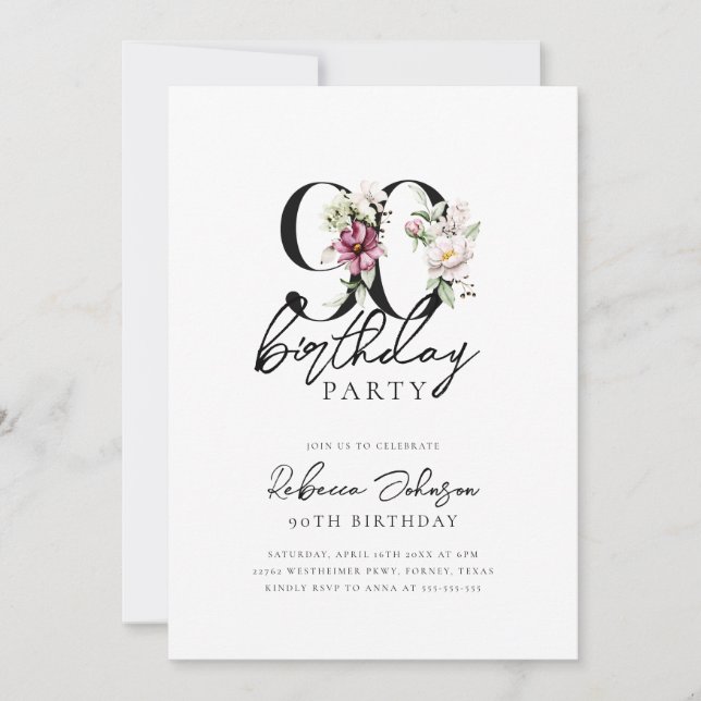 Floral Elegant 90th Birthday Invitation (Front)
