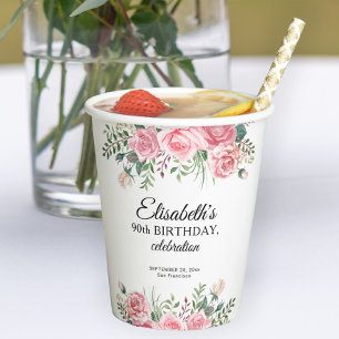 Floral elegant 90th birthday party paper cups