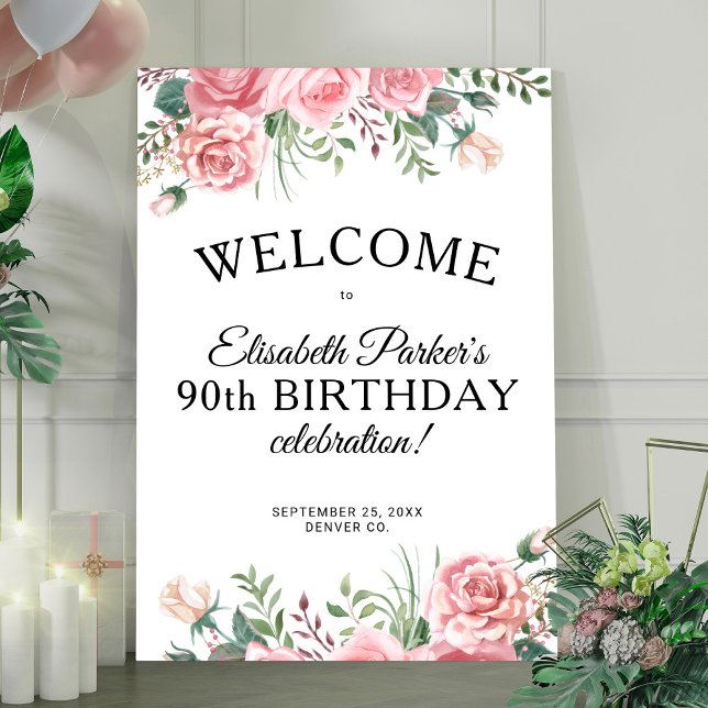 Floral elegant 90th birthday party welcome  poster (Creator Uploaded)