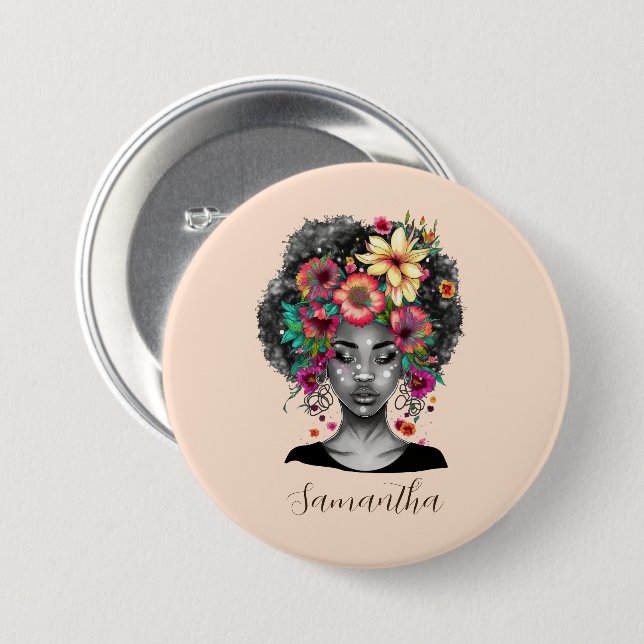 Floral Elegant Afro Woman 7.5 Cm Round Badge (Front & Back)