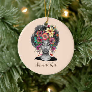 Floral Elegant Afro Woman Ceramic Tree Decoration