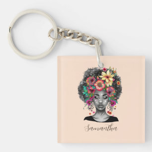 Floral Elegant Afro Woman Key Ring