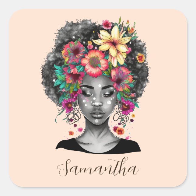 Floral Elegant Afro Woman Stone Magnet Square Sticker (Front)