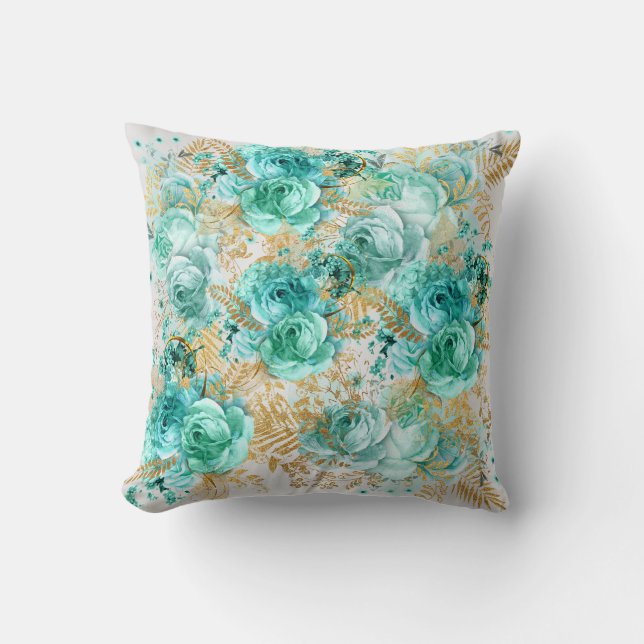 floral elegant aqua gold hampton coastal cushion (Front)