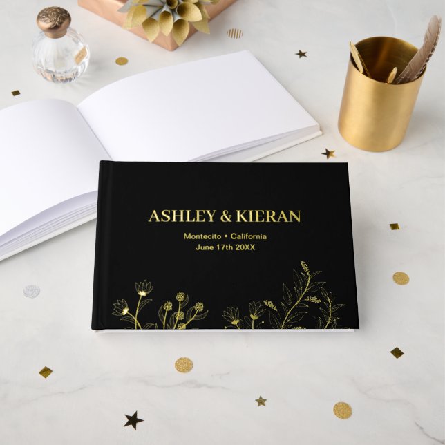 Floral Elegant Black and White Wedding Foil Guest Book (Front Open)