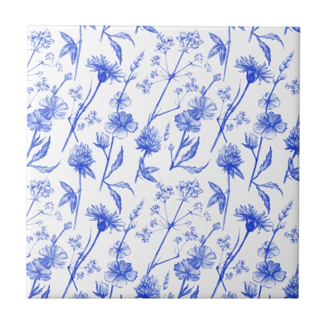 Floral Elegant Blue Flowers Ceramic Tile (Front)