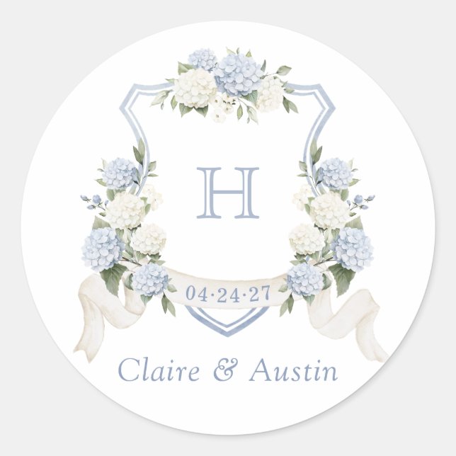 Floral Elegant Blue Hydrangea Crest Envelope Classic Round Sticker (Front)
