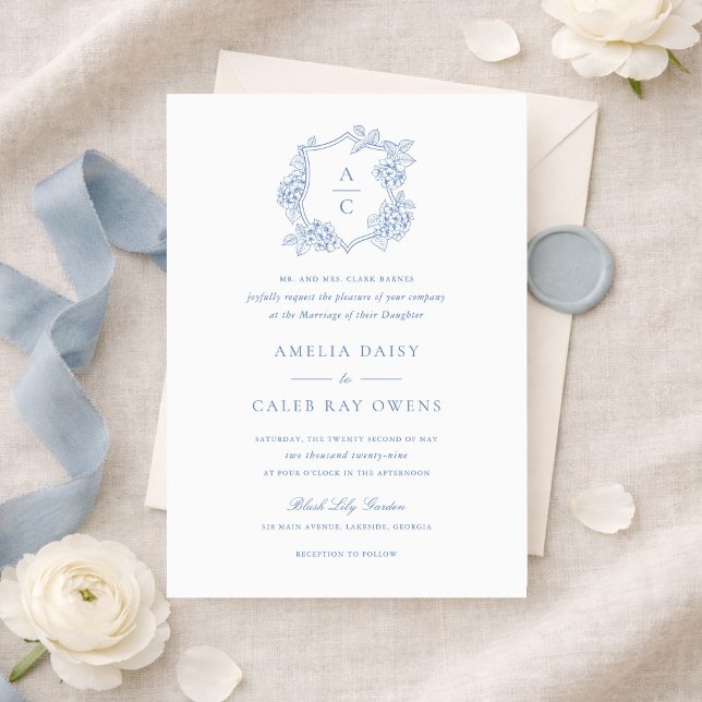 Floral Elegant Blue Hydrangea Crest Wedding Invita Invitation (Creator Uploaded)