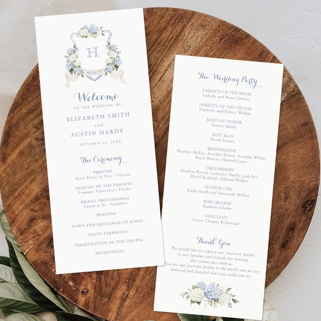 Floral Elegant Blue Hydrangea Crest Wedding Programme (Creator Uploaded)