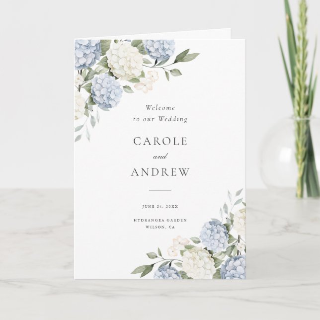 Floral Elegant Blue Hydrangea Folded Wedding Programme (Front)