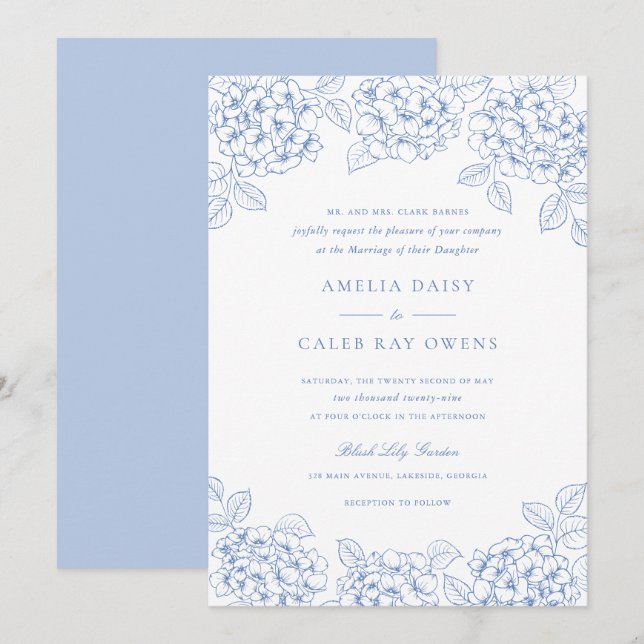 Floral Elegant Blue Hydrangea Frame Wedding Invitation (Front/Back)