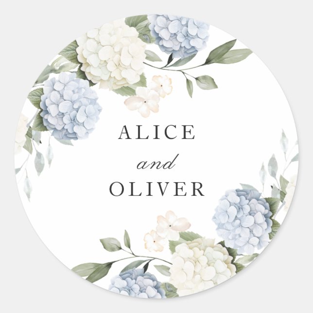 Floral Elegant Blue Hydrangea Greenery Envelope Classic Round Sticker (Front)