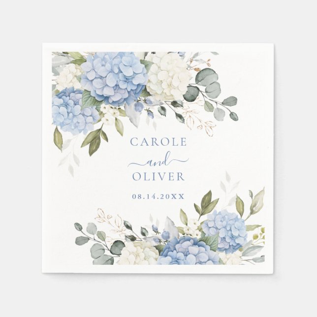 Floral Elegant Blue Hydrangea Greenery Wedding Napkin (Front)