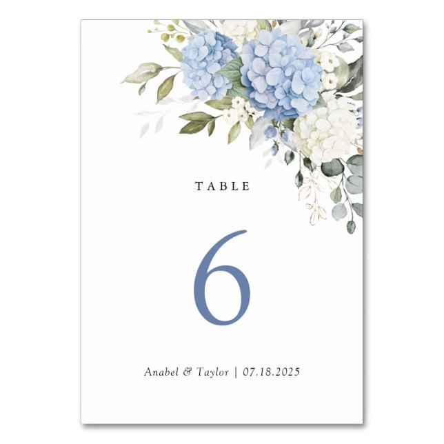 Floral Elegant Blue Hydrangea Greenery Wedding  Table Number (Front)