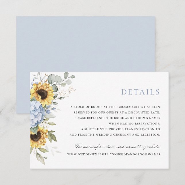 Floral Elegant Blue Hydrangea Sunflowers Details Invitation (Front/Back)